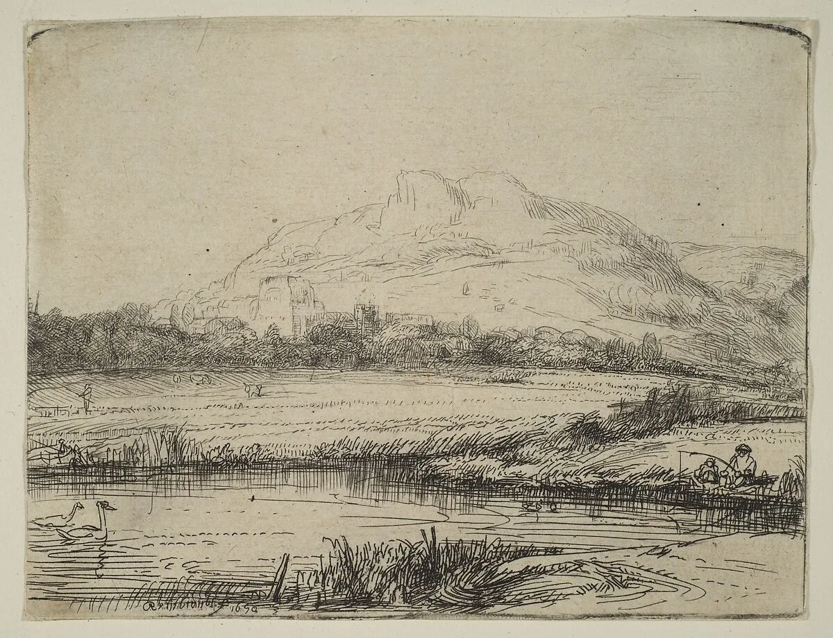 Canal with an Angler and Two Swans — Rembrandt (Rembrandt van Rijn)