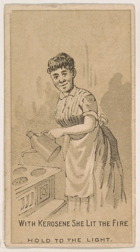 With Kerosene She Lit the Fire, from the Magic Changing Cards series (N223) issued by Kinney Tobacco Company — Kinney Brothers Tobacco Company