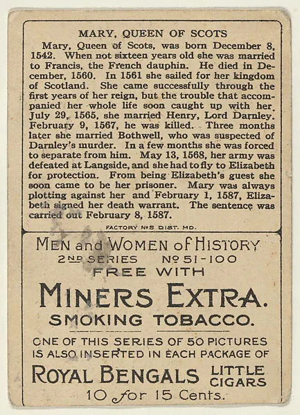 Mary Stuart, Queen of Scots, from the "Heroes of History" series (T68), issued with Miners Extra Smoking Tobacco, Natural Leaf Scrap, and Royal Bengals Little Cigars — Mary, Queen of Scots|Royal Bengals Little Cigars