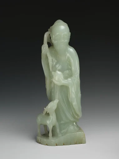 清 玉雕壽老瑞鹿|God of Longevity (Shoulao) and a deer
