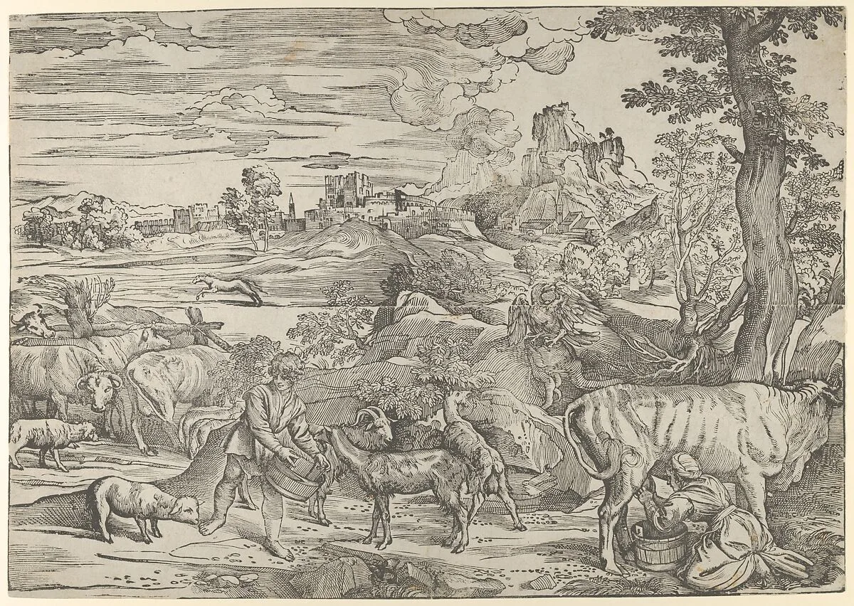 Landscape with a milkmaid at right and a boy at left — Titian (Tiziano Vecellio)|Nicolò Boldrini
