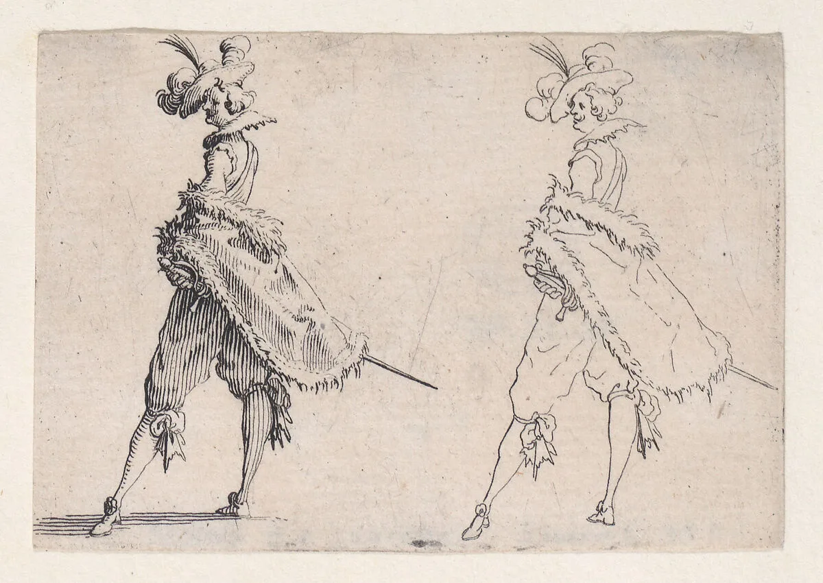Le Gentilhomme au Manteau Posé sur la Hanche (Gentleman with his Mantle on his Hip), from Les Caprices Series A, The Florence Set — Jacques Callot|Lorenzo de' Medici
