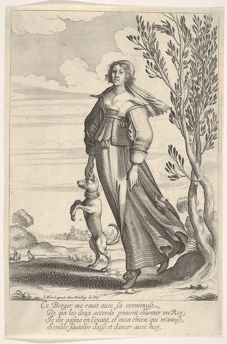 A shepherdess, accompanied by her dog, dancing to the sound of a musette — Abraham Bosse|Jean I Leblond