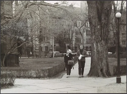 [Couple on Footpath, Yale University Campus, New Haven, Connecticut Possibly for Unpublished Fortune Portfolio "The Clothes"]