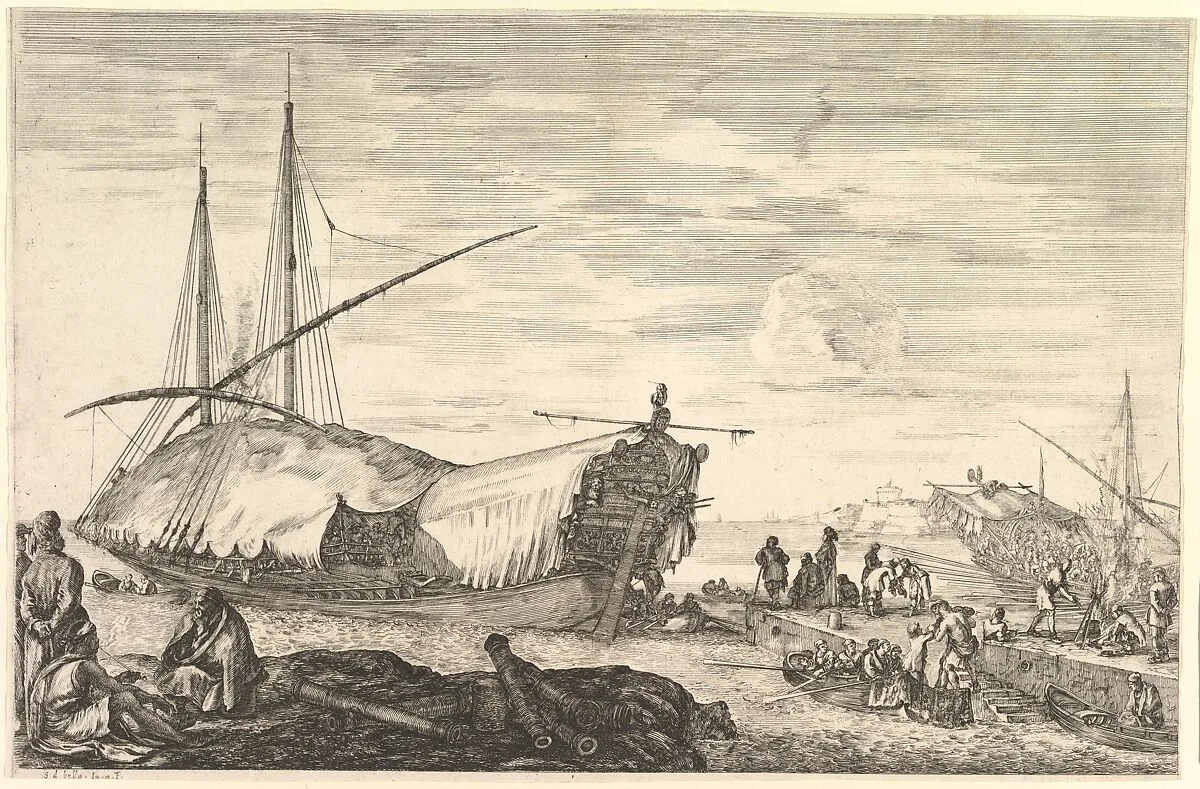 A galley covered in sails to left, six cannons and four people to left in foreground, one man seated at far left smoking a pipe, a man assisting others disembarking from rowboats to right, other rowboats and ships in the background, from 'Views of the port of Livorno' (Vues du port de Livourne) — Stefano della Bella