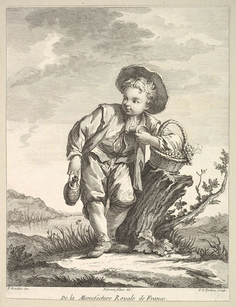 Little boy holding a basket of grapes, from Deuxième Livre de Figures d'après les porcelaines de la Manufacture Royale de France (Second Book of Figures after porcelains from the Manufacture Royale de France) — François Boucher|Pierre François Tardieu|Pierre Etienne Falconet