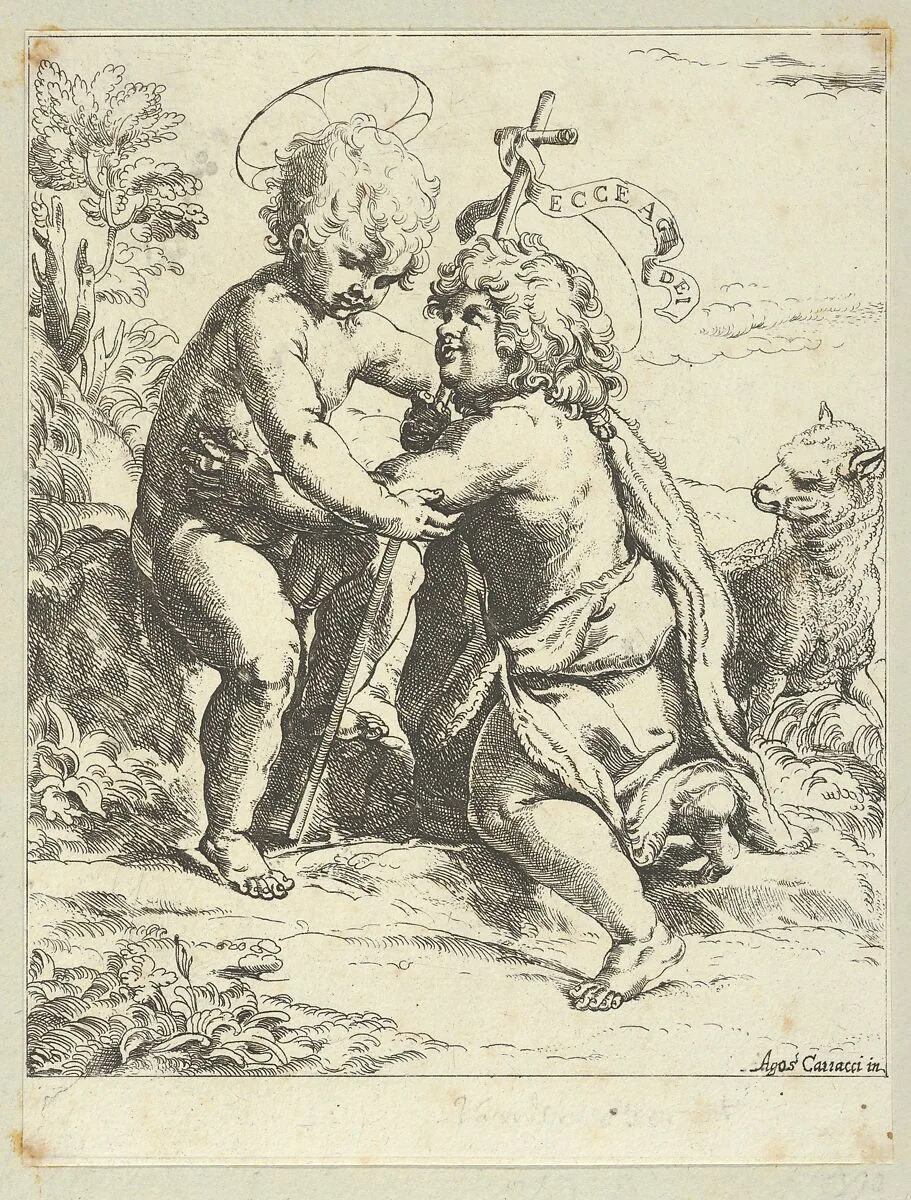 The young Saint John the Baptist kneeling before the young Christ who embraces him, a lamb at right, after Reni — Guido Reni|Anonymous, 17th century