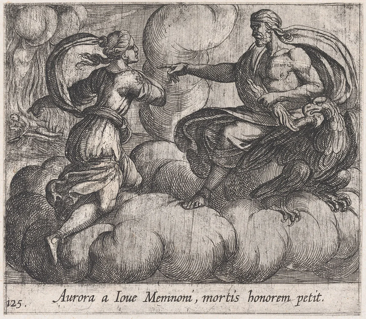 Plate 125: Aurora Asking Jupiter to Honor Memnon (Aurora a Iove Memnoni, mortis honorem petit), from Ovid's 'Metamorphoses' — Antonio Tempesta