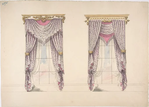 Design for Curtains with Purple, White and Mink Fabric, Purple Fringes and Gold and White Pediments