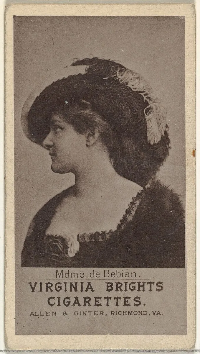 Mdme. de Bebian, from the Actresses series (N67) promoting Virginia Brights Cigarettes for Allen & Ginter brand tobacco products — Allen & Ginter