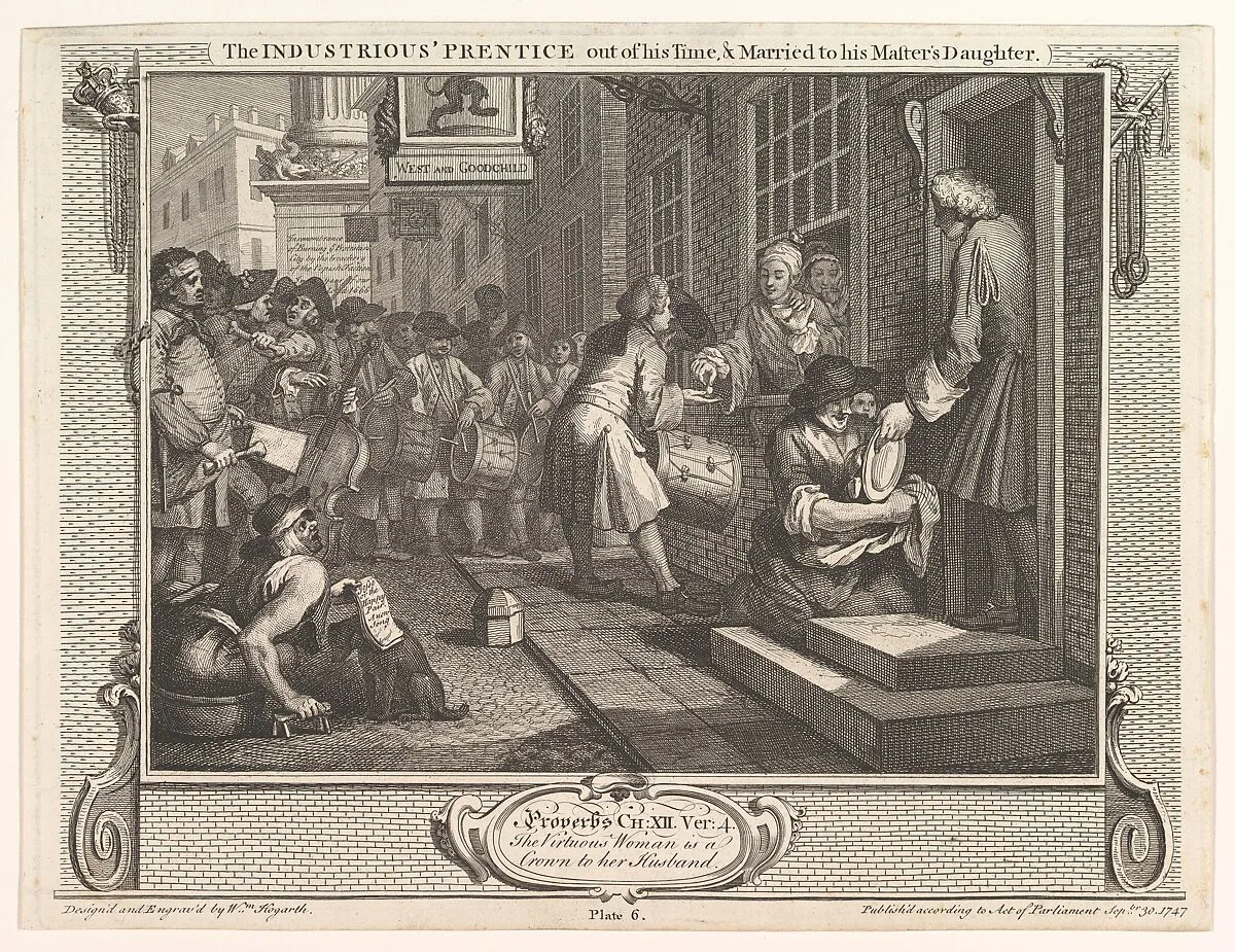 The Industrious 'Prentice Out of his Time and Married to his Master's Daughter (Industry and Idleness, plate 6) — William Hogarth