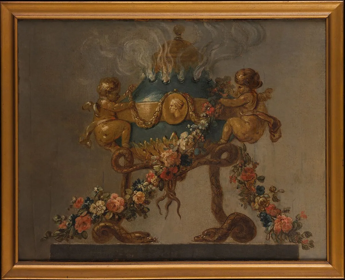 Perfume-burner supported by amorini and serpents and garlanded with flowers — French Painter
