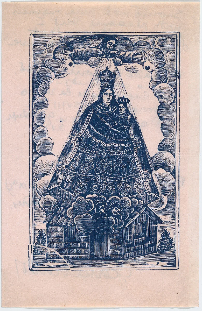 Christmas card from the Charlot's (Jean and Dorothy) to an unknown recipient, bi-fold with Virgin and Child on front and personal annotations on back with a list of prints the recipient should receive (possibly the Met) — Anonymous, Mexican
