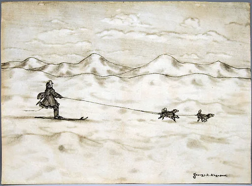 "Man Skiing with Dogs"
