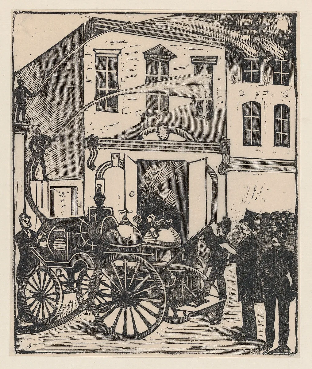 Firefighters putting out a fire in a house, firetruck in foreground — José Guadalupe Posada