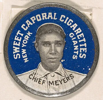 "Chief" Meyers, New York Giants (blue), from the Domino Discs series (PX7), issued by Kinney Brothers — Kinney Brothers Tobacco Company