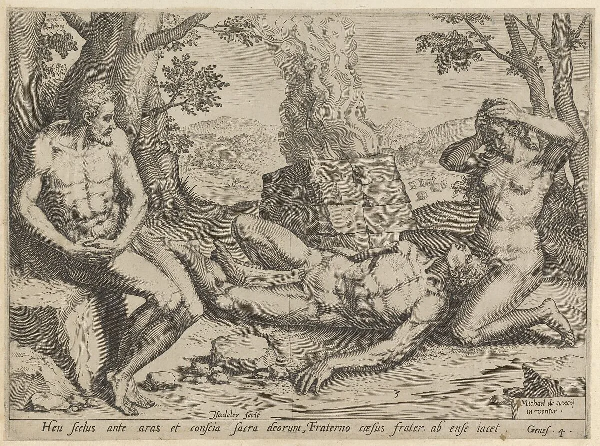 Adam and Eve mourning the death of Abel (plate 3 from The Story of Cain and Abel) — Michiel Coxie (I)|Johann Sadeler I