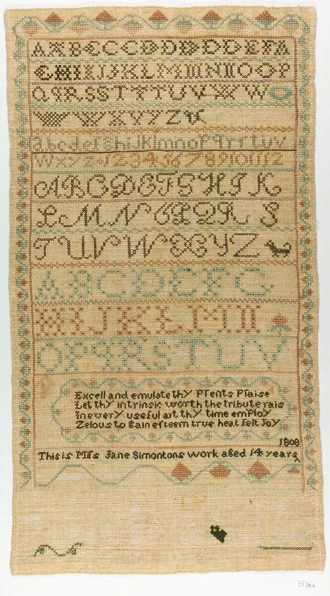 Embroidered sampler — Jane Simonton Chapman