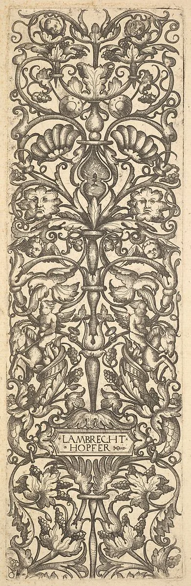 Candelabra with putti on goats at center — Lambrecht Hopfer