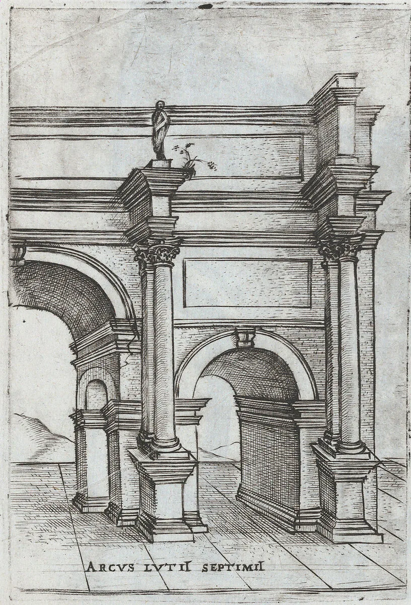 Tenplus Veneris, from a Series of Prints depicting (reconstructed) Buildings from Roman Antiquity — Monogrammist G.A. & the Caltrop