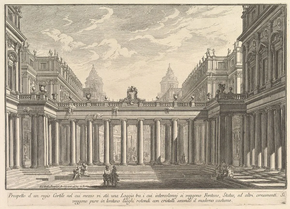 View of a courtyard with a loggia, fountains, statues, and other ornaments (Prospetto d'un regio Cortile nel cui mezzo vi stà una Loggia...), from "Prima Parte di Architettura, e Prospettive" — Giovanni Battista Piranesi