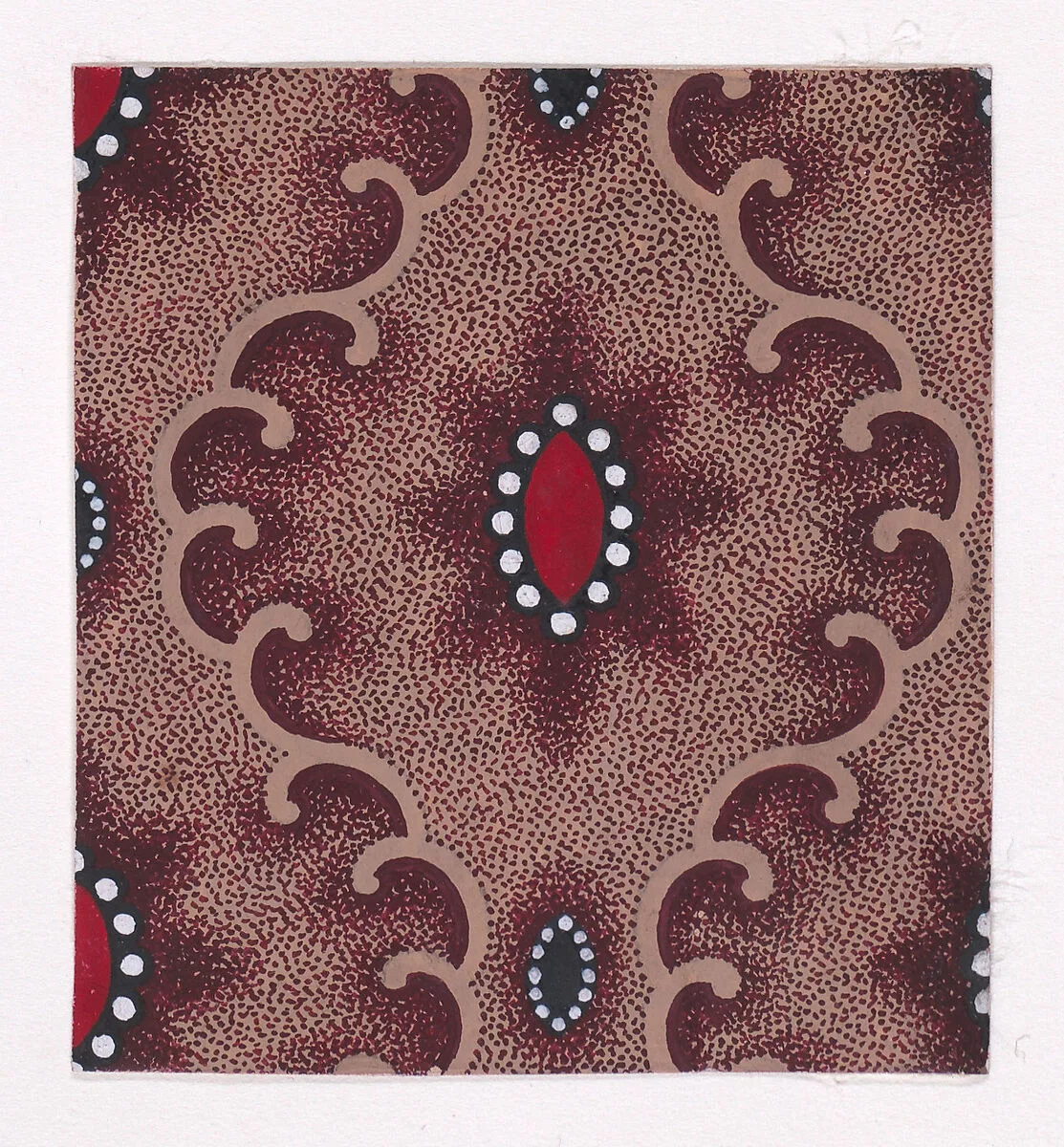Textile Design with Vertical Rows of Alternating Lenses of Two Different Sizes Bordered by Pearls Separated by Vertical Scrolls of Ribbons Over a Stippled Background — Anonymous, Alsatian, 19th century
