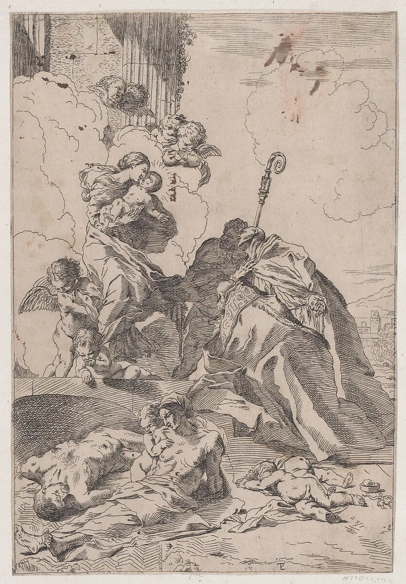 Three Lucchese saints Sts Nicholas Tolentino, Nicholas of Bari interceding with the Virgin for the victims of the plague — Pietro Testa|Anonymous, 17th century