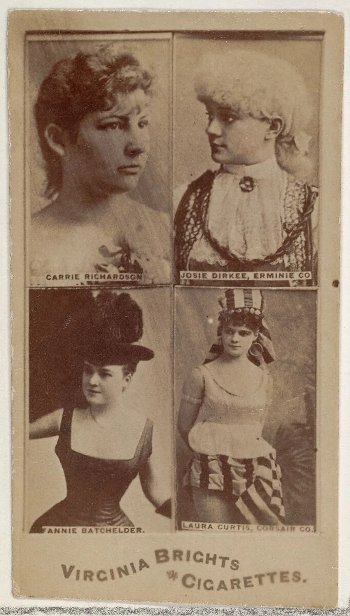 Carrie Richardson/ Josie Dirkee, Erminie Co./ Fannie Batchelder/ Laura Curtis, Corsair Co., from the Actors and Actresses series (N45, Type 4) for Virginia Brights Cigarettes — Allen & Ginter