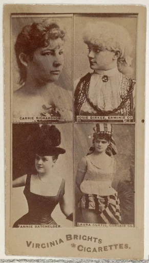 Carrie Richardson/ Josie Dirkee, Erminie Co./ Fannie Batchelder/ Laura Curtis, Corsair Co., from the Actors and Actresses series (N45, Type 4) for Virginia Brights Cigarettes