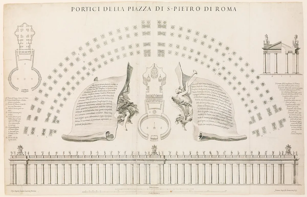 Portici della piazza di S. Pietro di Roma. Plate 44 from the Album 'Basilica di S. Pietro in Vaticano' — Gian Lorenzo Bernini|Giovanni Battista Bonacina