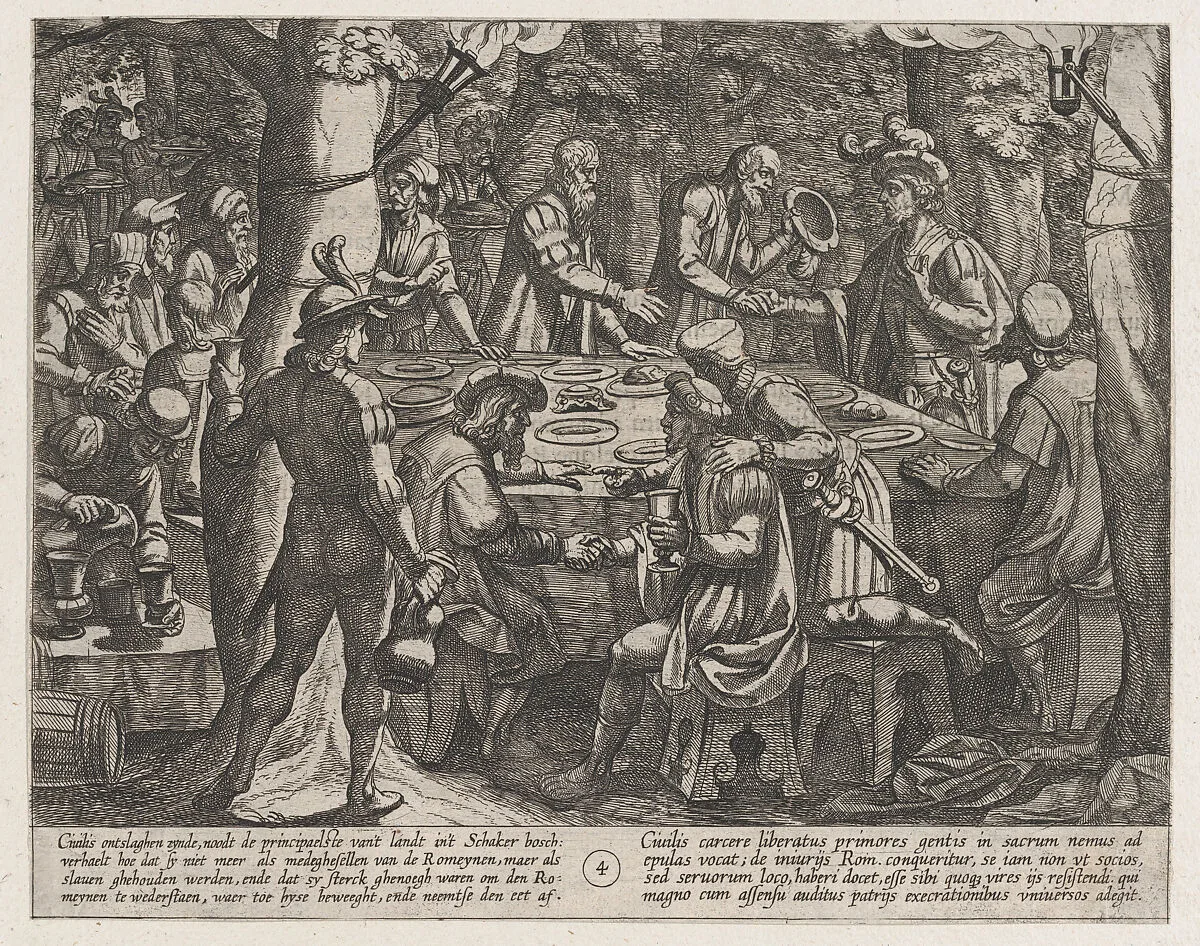 Plate 4: Civilis tells the Dutch Elders that They are Being Treated Like Slaves by the Romans, from The War of the Romans Against the Batavians (Romanorvm et Batavorvm societas) — Antonio Tempesta|Otto van Veen