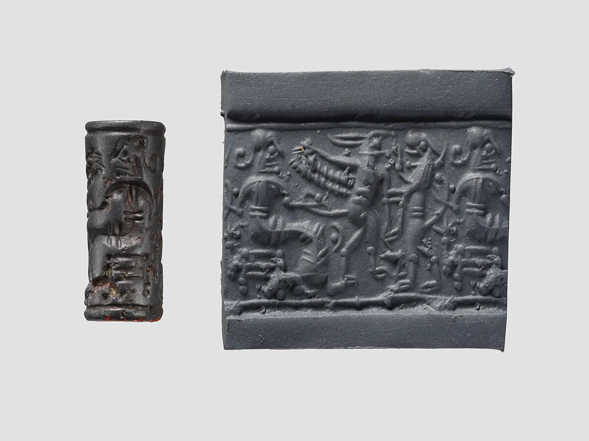 Cylinder seal and modern impression: confronted upright lion and griffin before a seated figure — Unknown