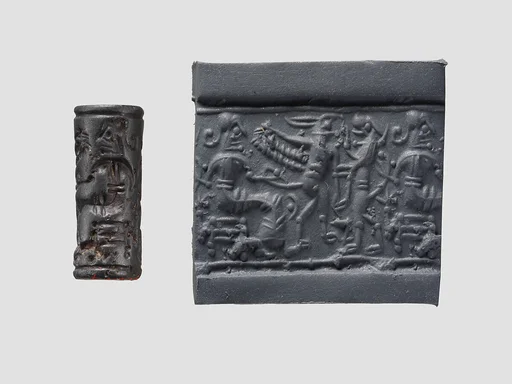Cylinder seal and modern impression: confronted upright lion and griffin before a seated figure
