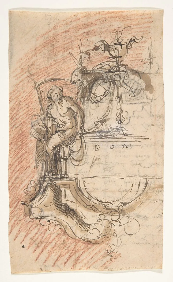 Design for a sepulchral monument with an allegory of Time; verso: Architectural sketch and fragment of a letter — Pieter Verbruggen the Younger|Anonymous, Flemish, 17th century|Michiel van der Voort