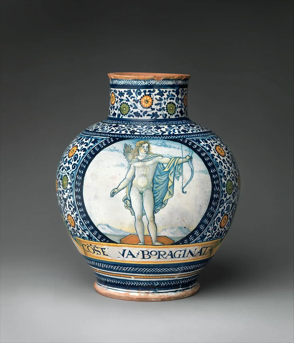 Pharmacy jar with the Apollo Belvedere and King David — Nicoletto da Modena
