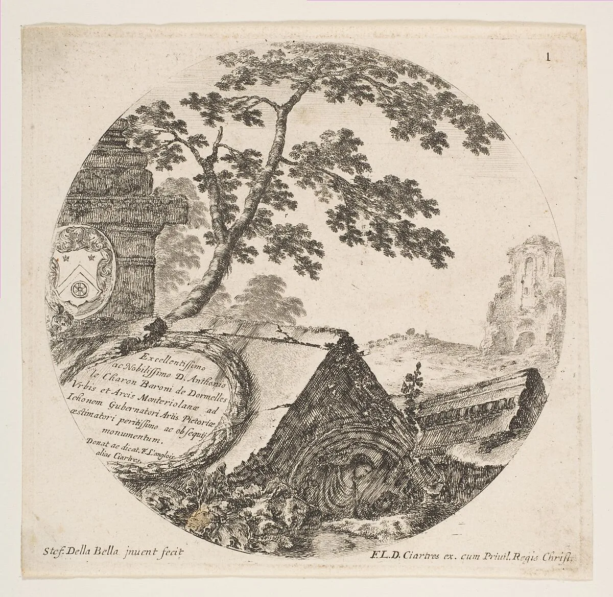 Fragments from ancient monuments, plate 1 from "Roman landscapes and ruins" (Paysages et ruines de Rome) — Stefano della Bella|Antoine le Charron, Baron de Dormelles|François Langlois