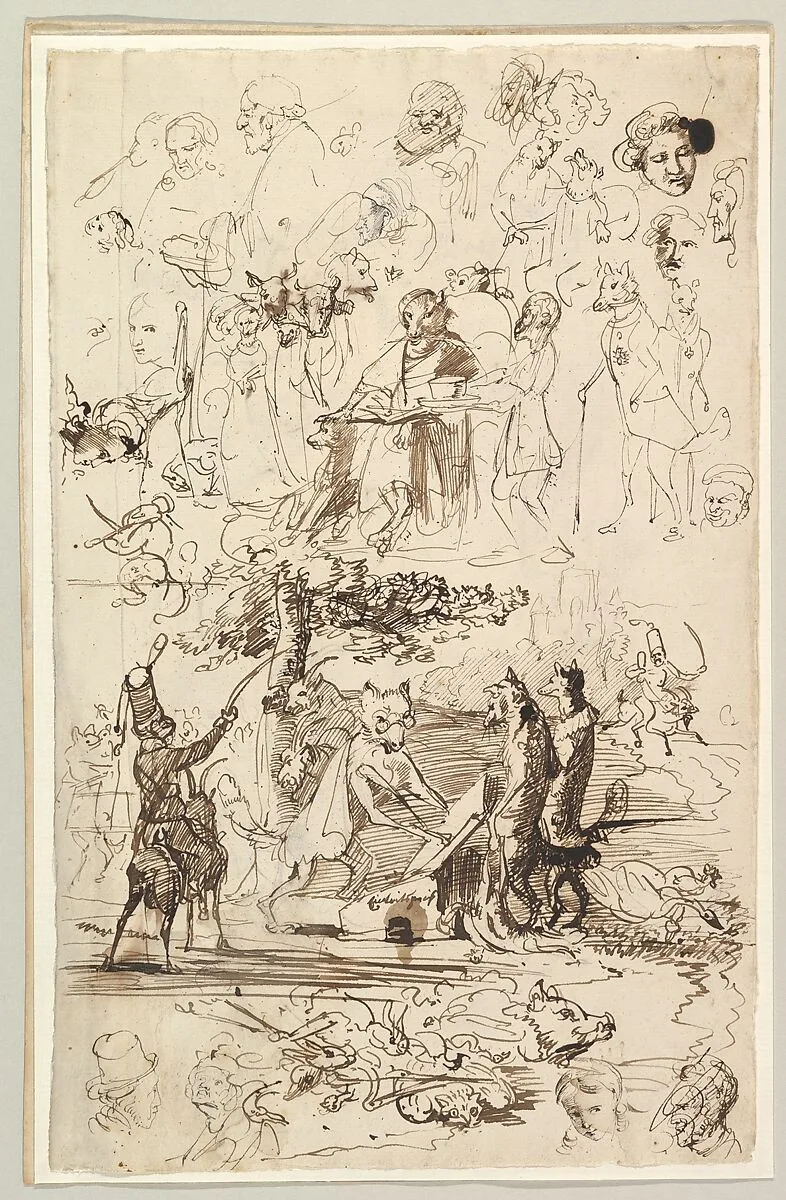 Sheet of Studies, Including for Reineke Fuchs; verso: Studies of Soldiers and of a Battle in a Wood — Wilhelm von Kaulbach