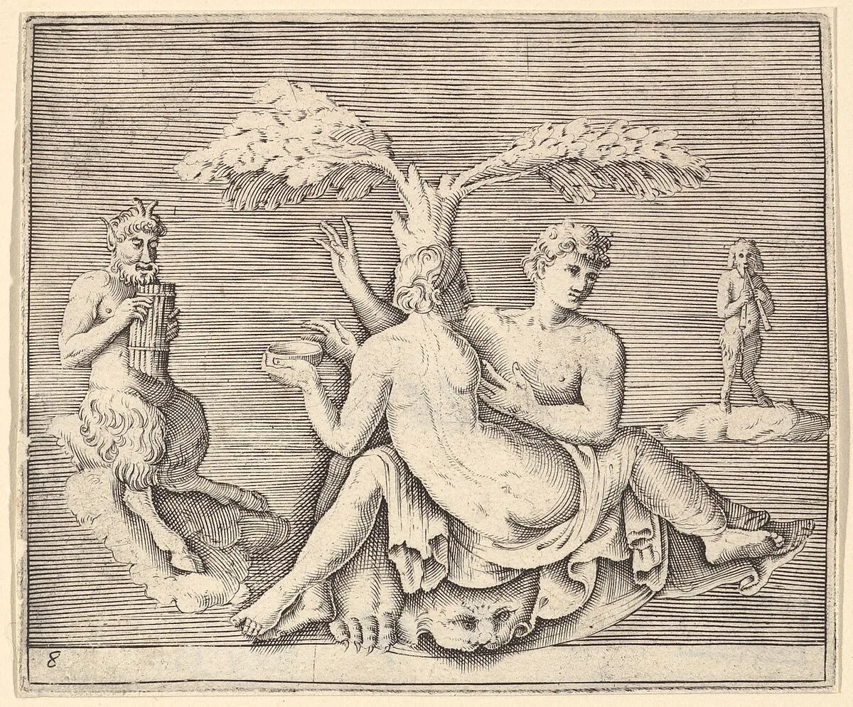 Two Lovers with Pan, from "Ex Antiquis Cameorum et Gemmae Delineata/ Liber Secundus/et ab Enea Vico Parmen Incis" — Enea Vico|Francesco Angeloni|Battista Franco|Philippe Thomassin|Anonymous, Italian, 16th century