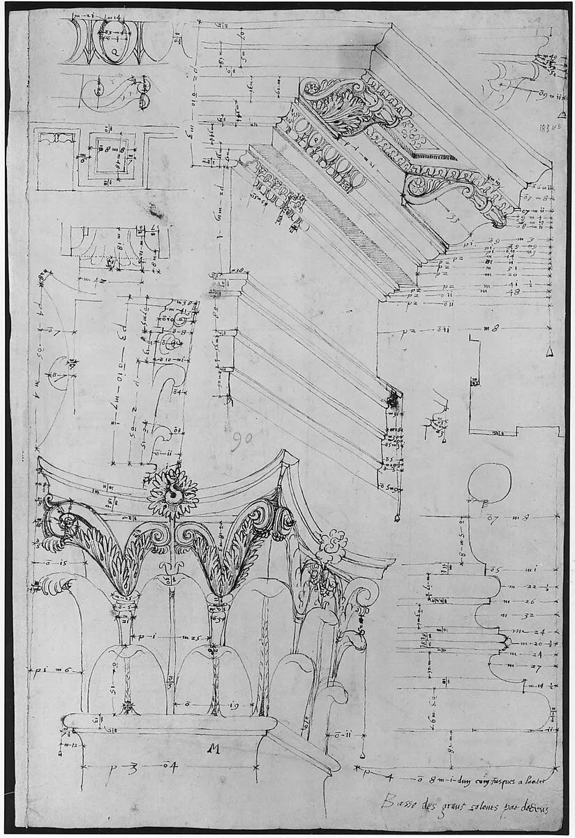 Pantheon, entablature and column pilaster capital, projection; rosette, details; capital profile; base, profile; pilaster, plan (recto) Pantheon, rectangular niche, perspective (verso) — Anonymous, French, 16th century