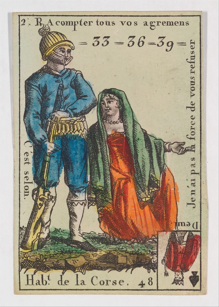 Hab.t de la Corse, from the playing cards (for quartets) "Costumes des Peuples Étrangers" — Anonymous, French, 18th century