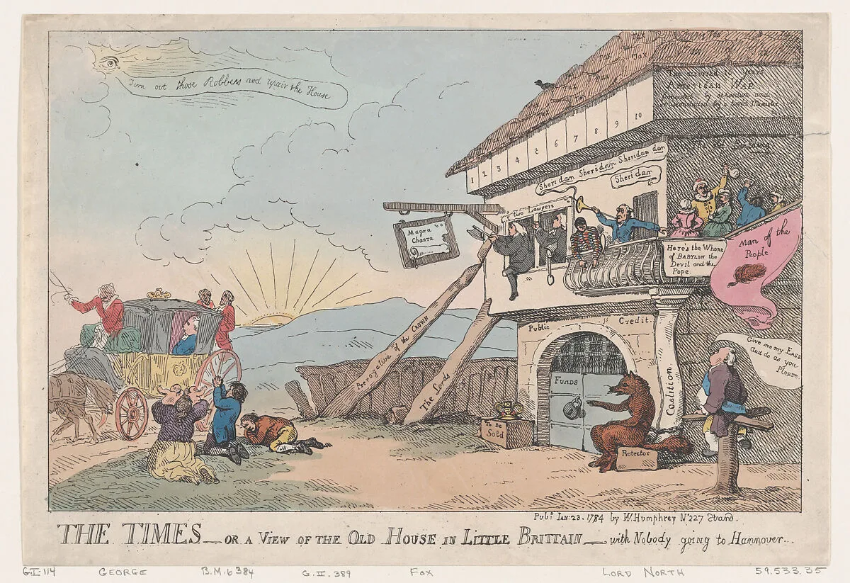 The Times - Or A View Of The Old House In Little Brittain - With Nobody Going To Hannover — The Right Honorable Edmund Burke|George III, King of Great Britain and Ireland|Frederick North, 2nd Earl of Guilford|Charles James Fox|Richard Brinsley Sheridan|Georgiana, Duchess of Devonshire|Thomas Rowlandson|William Humphrey
