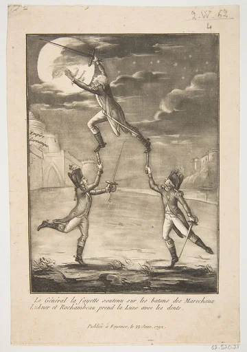Le Général la fayette soutenu sur les batons des marechaux Lukner et Rochambeau prend la Lune avec les dents