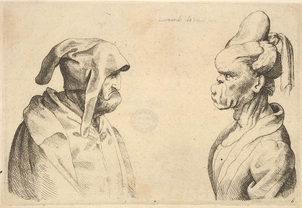 Two deformed heads facing each other — Leonardo da Vinci|Wenceslaus Hollar