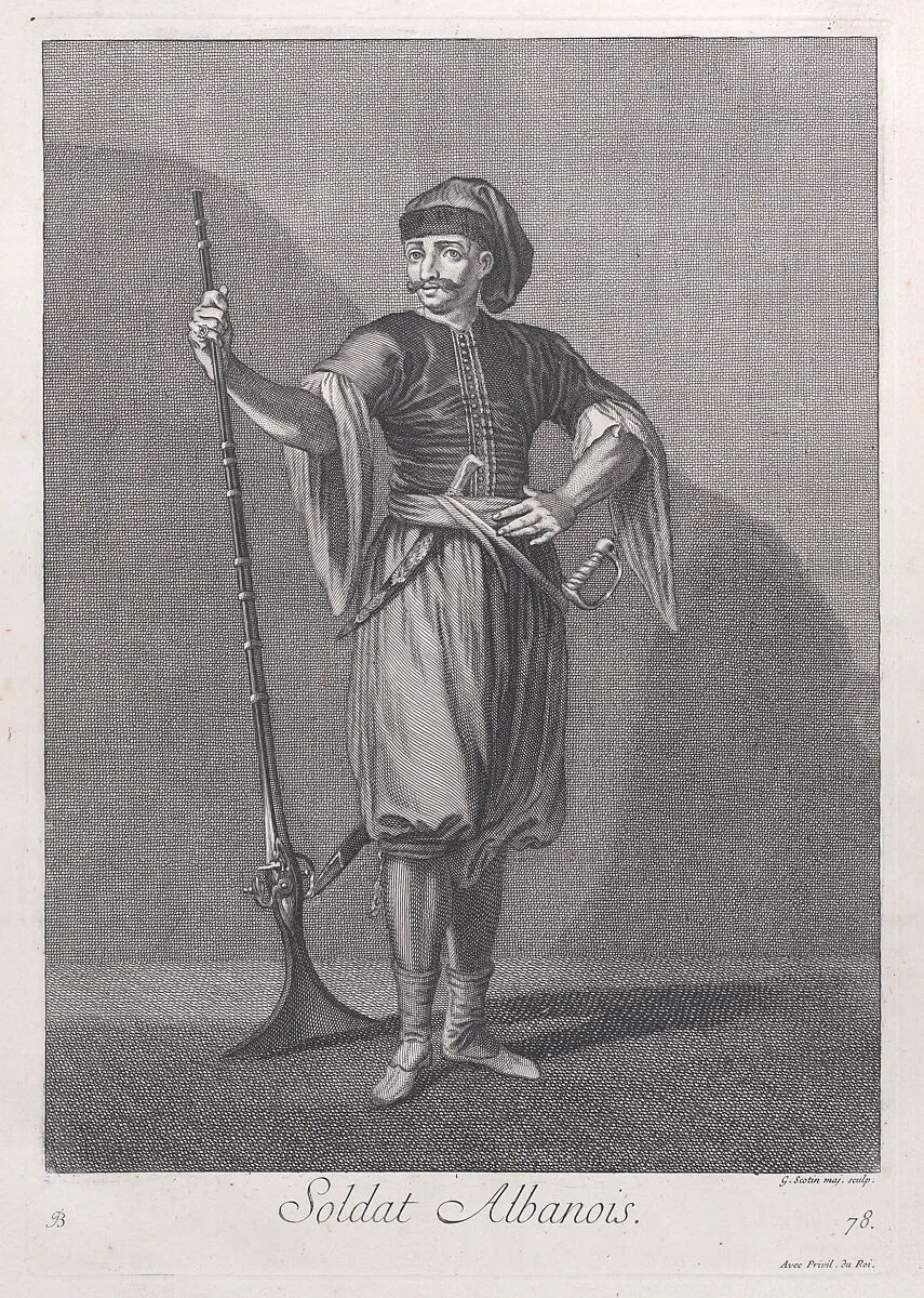 Soldat Albanois, plate 78 from "Recueil de cent estampes représentent differentes nations du Levant" — Gérard Jean Baptiste Scotin I|Jean Baptiste Vanmour|Jacques le Hay