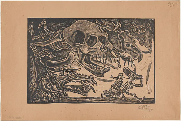 Oversized skulls representing evil forces (the black market, bribes and famine) chasing two skeletons — José Chávez Morado