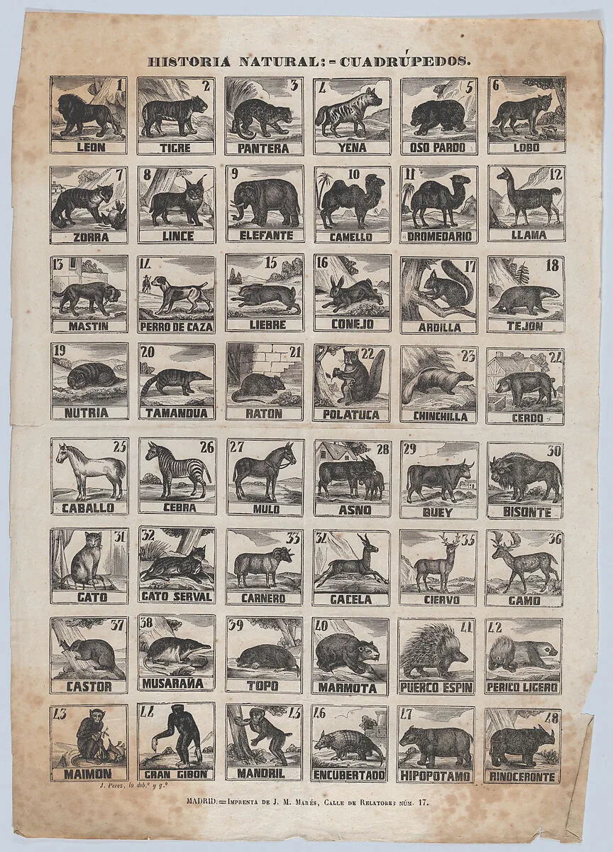 Broadside with 48 scenes of quadrupeds (animals) — José María Marés