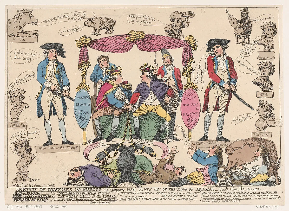 Sketch of Politicks in Europe, Birthday of the King of Prussia — Catherine II, Empress of Russia|Emperor Joseph II|King Charles III|Charles II, Duke of Brunswick-Luneberg|Stanislaus Augustus Poniatowski, King of Poland|Louis XVI, King of France|Thomas Rowlandson|Frederick the Great, King of Prussia|George III, King of Great Britain and Ireland|S. Hedges, London|Gustav III, King of Sweden