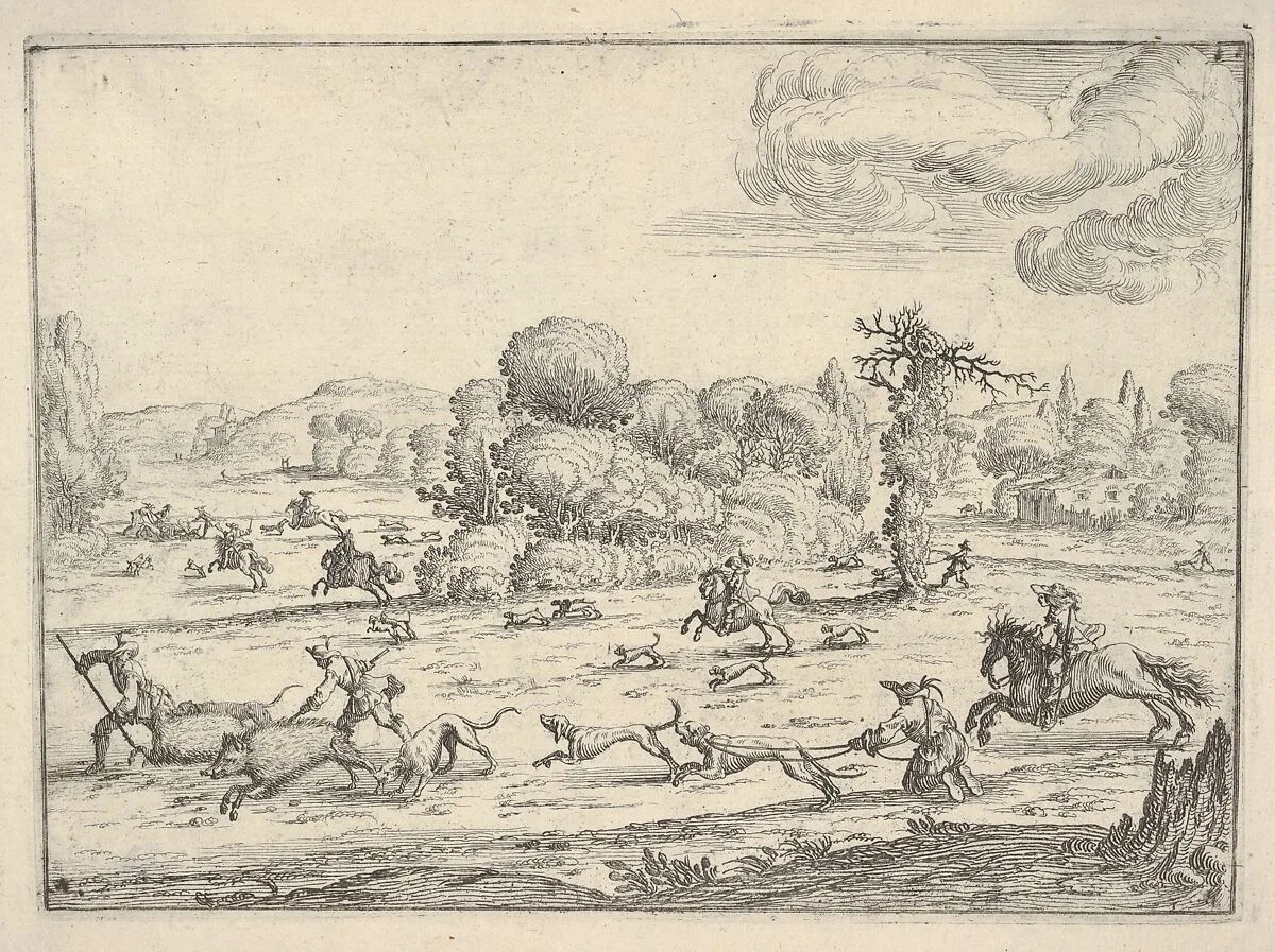 Boar hunt in a landscape — Ercole Bazicaluva