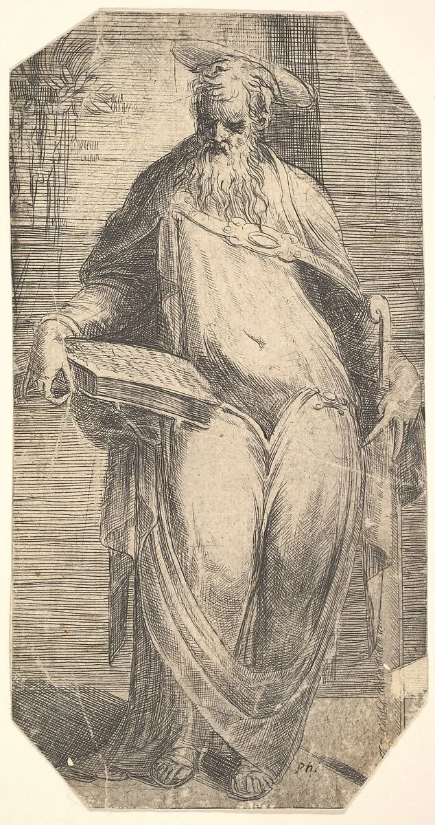 Saint Simon standing, supporting a book on his right thigh, from "Christ and the Apostles" — Andrea Schiavone (Andrea Meldola)