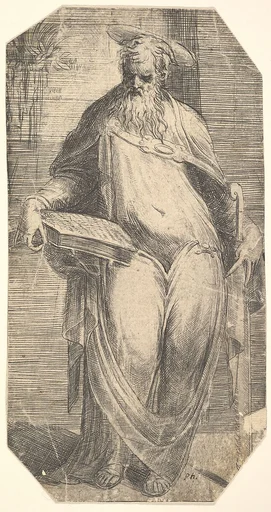 Saint Simon standing, supporting a book on his right thigh, from "Christ and the Apostles"